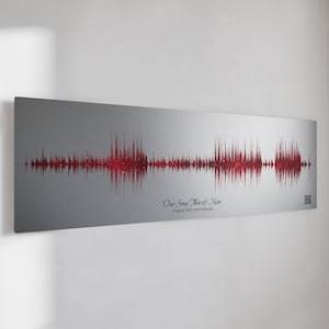 Könnte beinhalten: Ein rechteckiges, silberfarbenes Wandkunstwerk mit einem roten Schallwellenmuster. Der Text "Our Song Then & Now" und "Happy 40th Anniversary" ist in einer Schriftart geschrieben. Ein QR-Code befindet sich in der unteren rechten Ecke.