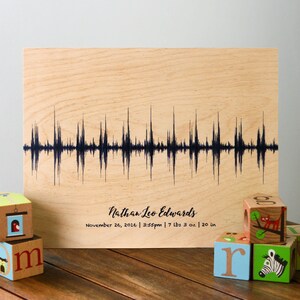 May include: A rectangular light-coloured wooden plaque featuring a black horizontal sound wave graphic. Below the graphic, the text reads Nathan Leo Edwards, 26 November 2016 | 15:55 | 3.26 kg | 50.8 cm. The plaque is displayed with colourful alphabet blocks.