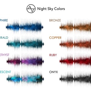 The image is a collage of various night sky colors represented by sound wave patterns. The colors include sapphire, bronze, copper, amethyst, ruby, iridescent, and onyx. Each color is represented by a distinct sound wave pattern, creating a visually appealing and creative representation of the night sky.