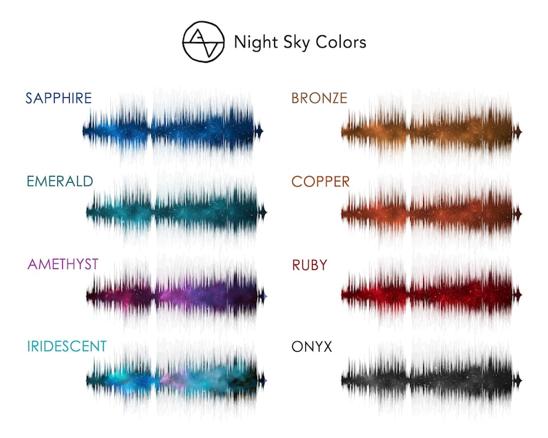 The image is a collage of various night sky colors represented by sound wave patterns. The colors include sapphire, bronze, copper, amethyst, ruby, iridescent, and onyx. Each color is represented by a distinct sound wave pattern, creating a visually appealing and creative representation of the night sky.