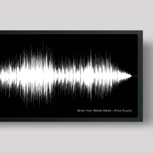 May include: A rectangular framed wall art piece featuring a white sound wave visualisation on a solid black background. The text "WISH YOU WERE HERE - PINK FLOYD" is printed in a small white sans-serif font in the bottom right corner.
