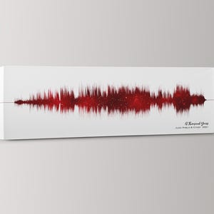 May include: A rectangular canvas print with a red and white sound wave design. The sound wave is a vibrant red with a starry effect, set against a white background. The text "A Thousand Years" and the names "Juan Pablo & Cindy 2021" are printed in black.