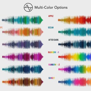 May include: A graphic displaying multi-color options with the text "Multi-Color Options". The image shows colorful soundwave-like designs labeled with color names such as "Seafoam", "Apple", "Ocean", and "Sunset".