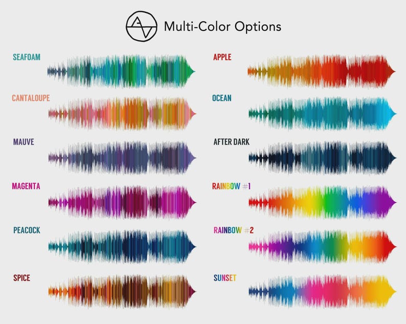 May include: A graphic displaying multi-color options with the text "Multi-Color Options". The image shows colorful soundwave-like designs labeled with color names such as "Seafoam", "Apple", "Ocean", and "Sunset".