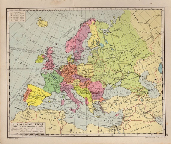 Europakarte 1950 Landern Nationen Atlas Antik Karte 9 X 7 Etsy