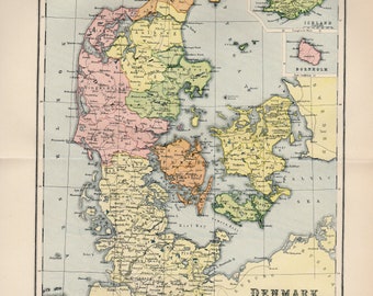 Large Gorgeous Map of Denmark, 1908 atlas antique map, Copenhagen Map, Iceland Map Decor