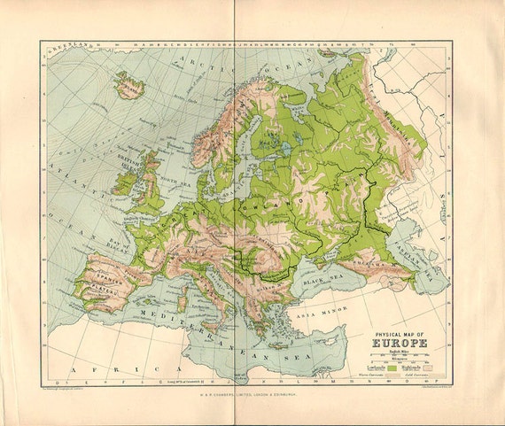Large Physical Map Of Europe 1923 Atlas Antique Map Paris Etsy