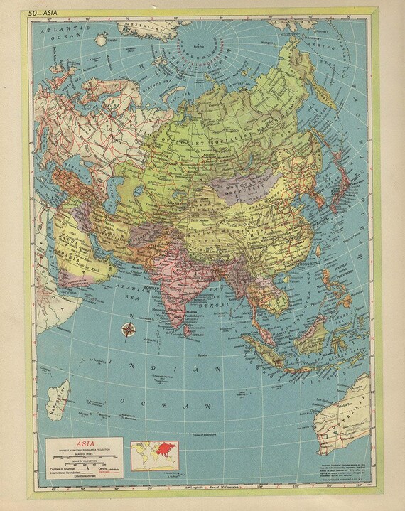 Asien Karte 1940 China-Indien-Japan-Thailand asiatischen Ländern