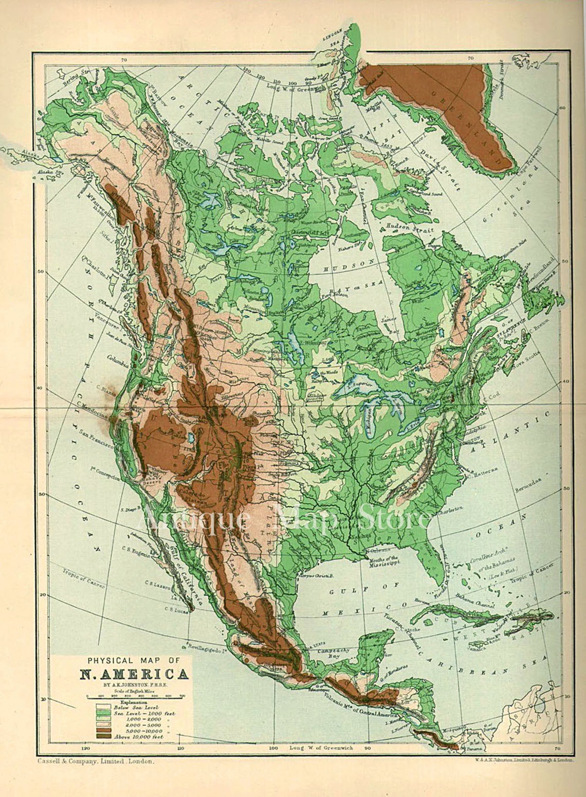 Schöne physische Karte von Nordamerika 1905, Atlas antike Karte, Karte der Vereinigten Staaten Schöne physische Karte von Nordamerika 1905, Atlas antike Karte, Karte der Vereinigten Staaten