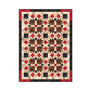 Könnte beinhalten: Eine Quiltdecke mit einem geometrischen Muster in Braun-, Rot- und Weißtönen. Die Decke besteht aus Quadraten und Rauten, und das Muster wiederholt sich über die gesamte Decke.