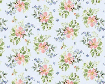 Blue Tossed Small Roses Garden Inspirations Cotton Fabric by Henry Glass Fabrics