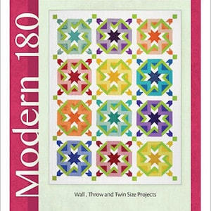 May include: A quilting pattern called "Amusement" by Michelle Renee Hiatt. The pattern features a colorful quilt block design with a variety of geometric shapes and stars. The pattern is for Studio 180 Design's Tucker Trimmer, L Wing Clipper, and Corner Pop tools.