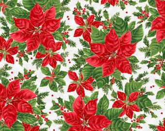Evergreen Bows Poinsettias Metallic Christmas Cotton Fabric by Maywood Studio