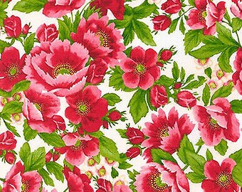 Scarlets Garden Flowers White by Debbie Beaves Cotton Fabric, BTY Kaufman