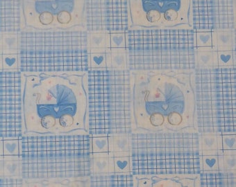 Vintage Baby Buggies Blue Hearts Novelty Childrens Cotton Fabric 1.75 Yard Piece