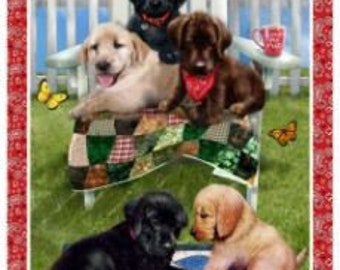 Pups in the Garden Banner 23 x 44 Panel  Cotton Fabric by Henry Glass