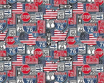 American Road Trip Red Signs - Novelty Fabric - Red Cotton Fabric