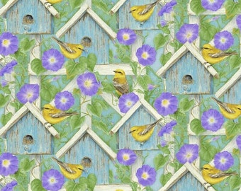 Hydrangea Bird Song Birds on Lattice Cotton Fabric by Henry Glass