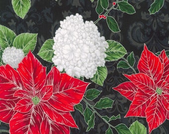 Holiday Flourish Snow Flower Christmas Poinsettia Silver Onyx Cotton Kaufman BTY