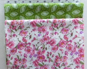 Pink Flowers Green Lavender 3 Yard Bundle Cotton by Sue's Creating Cottage