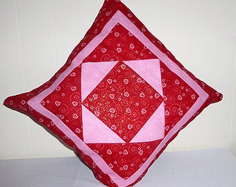 Valentine Pillow Cover-Square in Square Red Hearts and Pink, Handmade and  Qu...