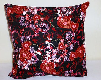 Valentine Pillow Cover- Red Hearts and Floral Background Handmade by Sue
