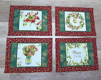 Holiday Placemats Floral Starry Border Set of 4 Created Handmade and Quilted