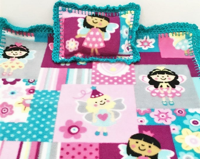 Fairy Princess Crochet Edge Fleece Doll Blanket With Matching Pillow