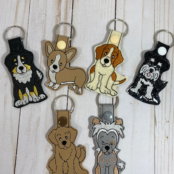 Dog Snap Tab Key Fob, Zipper Pull, Key Chain, Machine embroidery in the hoop, Backpack / Zipper Pull, Purse Charm, Corgie, Beagle