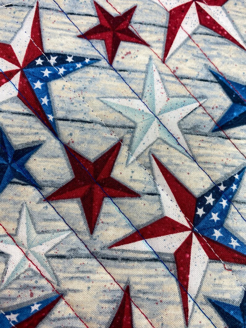 May include: A close-up of a fabric with a repeating pattern of red, white, and blue stars. The stars are arranged in a diagonal pattern on a light blue background.