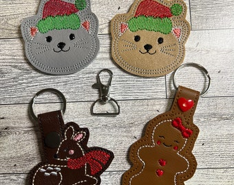 Christmas Kitty, Deer or Gingerbread Lady Snap Tab Key Fob, Zipper Pull, Key Chain, In the hoop, Backpack/Zipper Pull, Purse Charm,