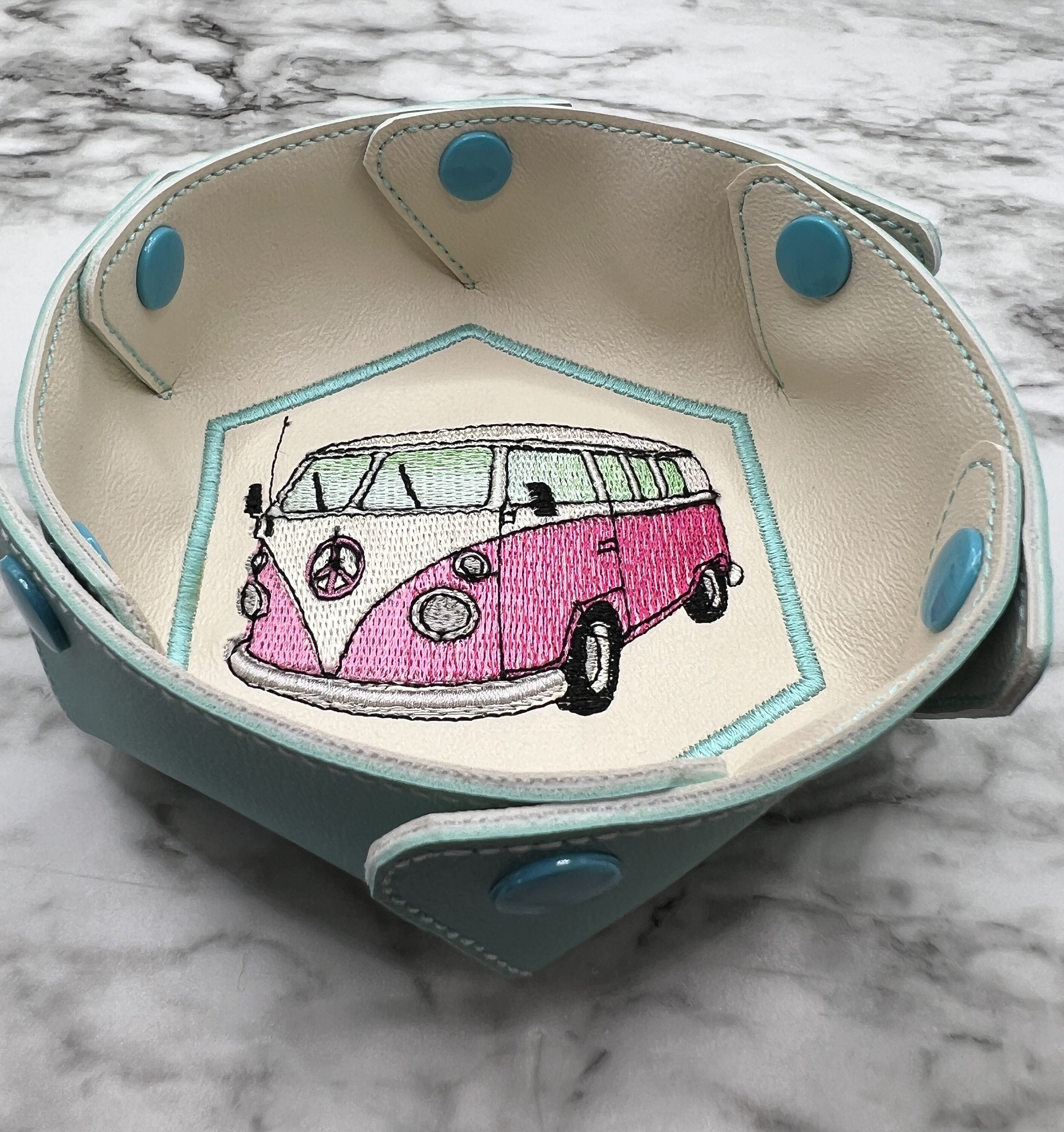 VW Bus Embroidery Vinyl Snap Tray: Collapsible Catch-All Bowl