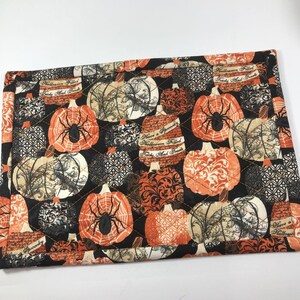 Halloween Spider Mug Rug: Quilted Table Mat, Large Coaster Spiders on Pumpkins