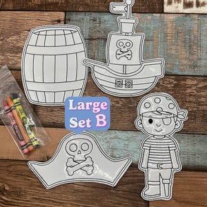 May include: A set of four large, white, iron-on patches featuring a pirate ship, a pirate, a barrel, and a pirate hat. The patches are ready to be colored in with crayons or markers.