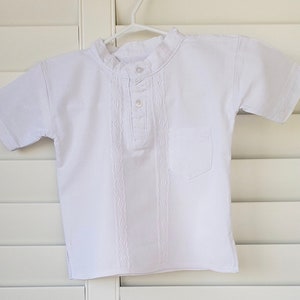 Boys Guayabera 2 button shirt with banded collar and pocket - White with white embroidery