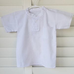 Infant/Toddler Guayabera 2 button shirt with banded collar and pocket - White with white embroidery