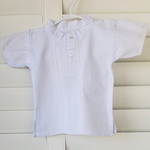 Infant/Toddler Guayabera 2 button shirt with banded collar and pocket - White with white embroidery