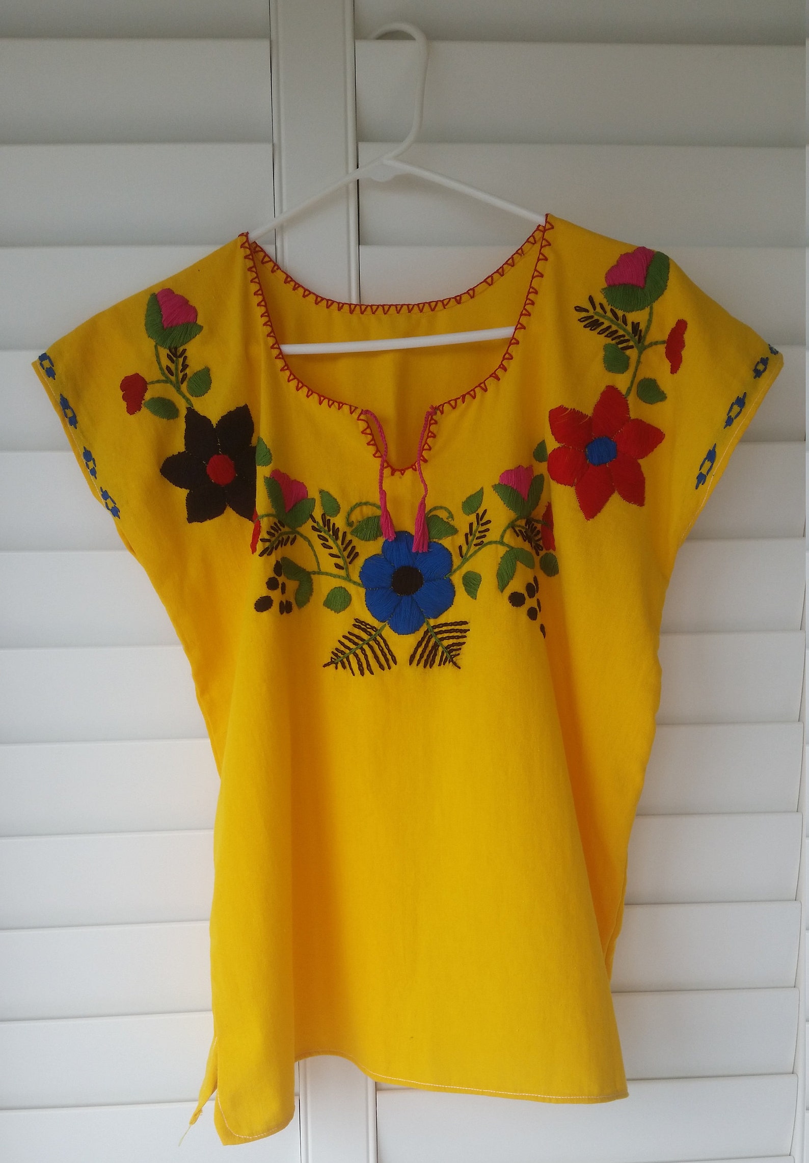 Women's Floral Blouse Yellow With Blue, Red, Green and Black Embroidery ...