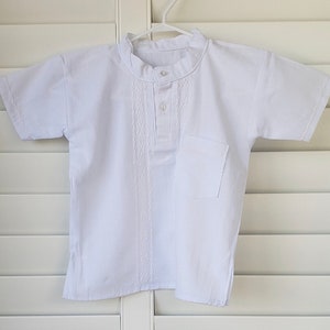 Infant/Toddler Guayabera 2 button shirt with banded collar and pocket - White with white embroidery