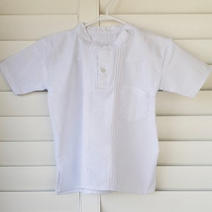 Boys Guayabera 2 button shirt with banded collar and pocket - White with white embroidery