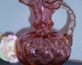 Cranberry Opalescent Creamer Pitcher, Beautiful Double Crimped Ruffled Top, and Melon Bulbous Base. Pillowed Handle Collectors