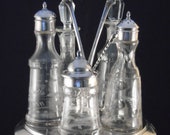 Victorian 5 Cruet Set, Etched Glass Bottles, and Stand Barley Twist Spoon, 13 1 3, HJ, 7 Pieces all together. Castor Bottles
