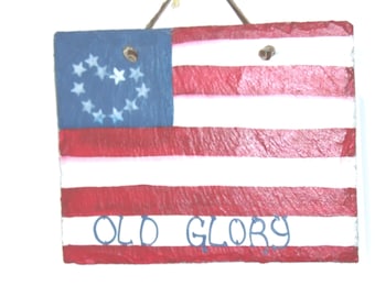 American Flag, Old Glory Hand Painted SLATE Wall / Door Hanging. Heart Field of Stars. 10.25"x 8" Red, White, and Blue Patriotic Yard Flag.