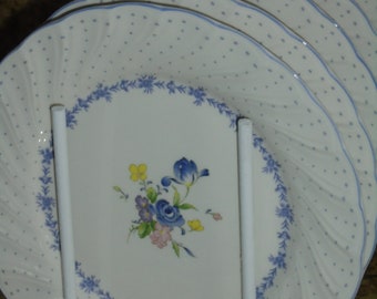 Nikko Blue Peony large dinner plates. Dotted Blue Swirl Border w/Blue, Yellow Florals. Bright vivid dots. 10.5" made in Japan