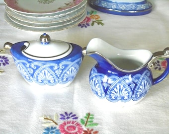 Bombay Cream and Sugar Set, Cobalt Blue Arabesque Tile, Silver Trim, 80s