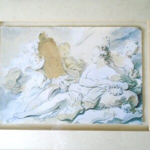 May include: A watercolor painting depicting a woman reclining with a mirror held by a cherub. The woman is adorned with a crown of flowers and a flowing gown. The painting is framed in a simple, white frame.