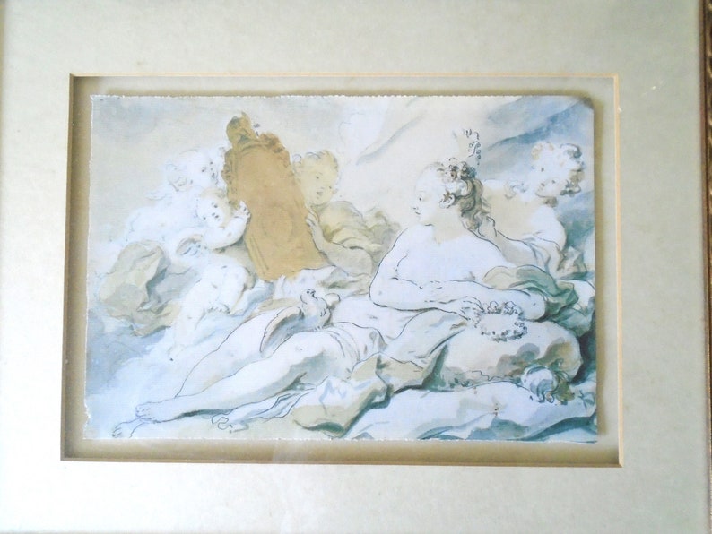 May include: A watercolor painting depicting a woman reclining with a mirror held by a cherub. The woman is adorned with a crown of flowers and a flowing gown. The painting is framed in a simple, white frame.