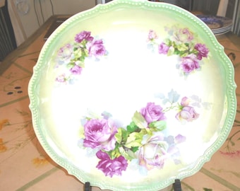 Cake Plate, Vintage P.K. Silesia Rose, Green Luster Beaded Border 11.75" dia.
