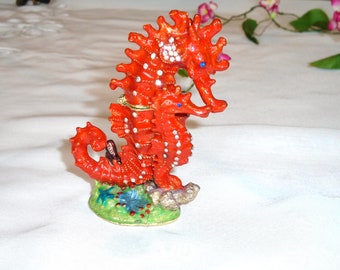 Red Metal Enamel Jeweled Seahorse Hinged Box Nautical. Sea Horse Trinket Box