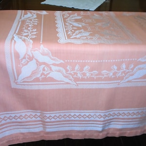 Damask Tablecloth. Silky Apricot Color, Satin Weave Caladium Leaf Center, Border. Hem Stitched. 72 x 54 Damask. Garden Tea Party, Weddings image 1